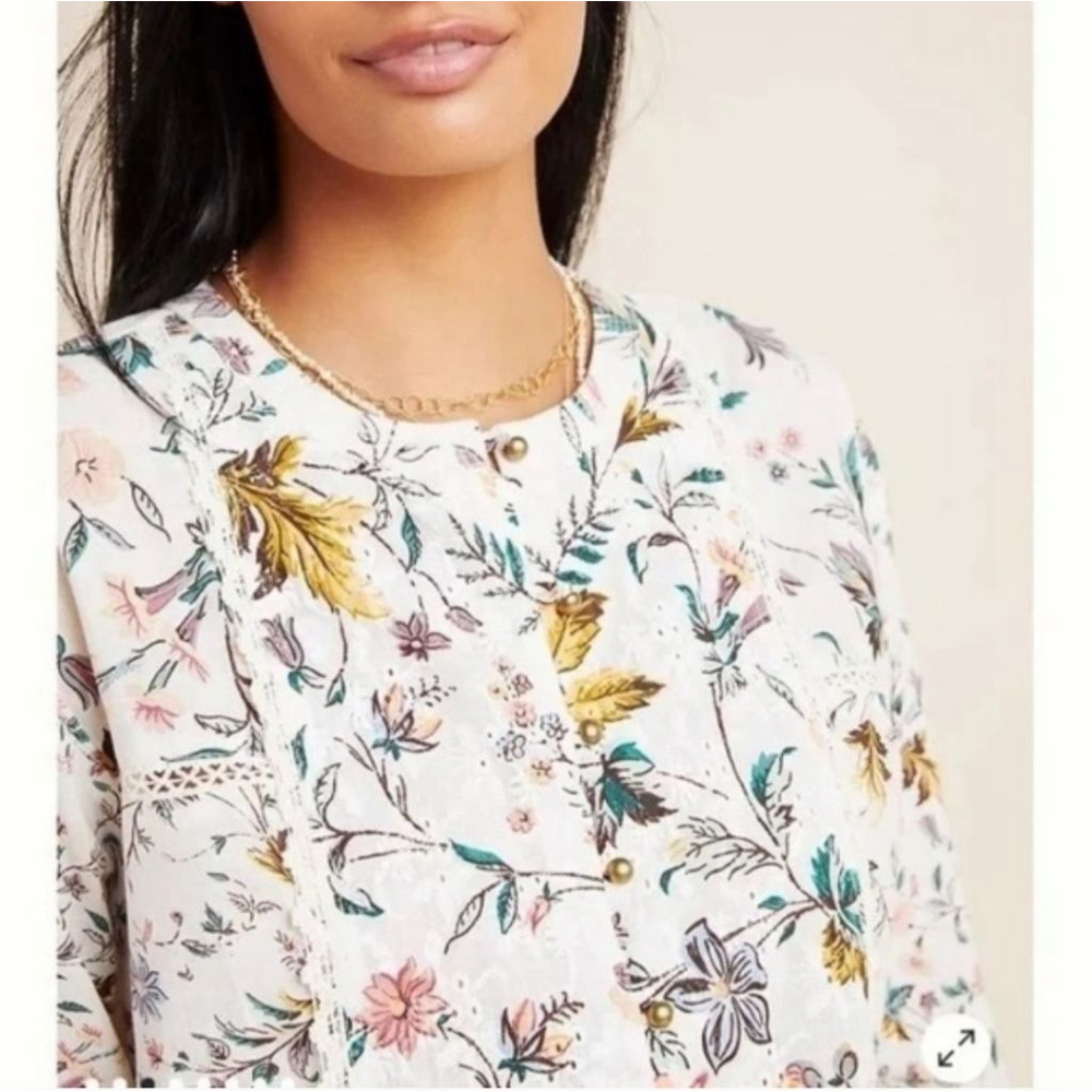 ANTHROPOLOGIE Ginevra Lace Babydoll Blouse M White Floral Long Sleeve - Picture 3 of 7